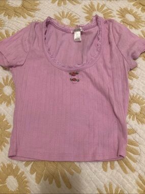 Bozzolo Lilac Ribbed Scoop Neck Crop Top with Rose Embroidery